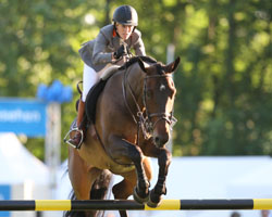 Meredith Michaels-Beerbaum wurde in Global Champion-Qualifikation von Wiesbaden Zweite mit Bella Donna. Foto: WRFC, rscp.